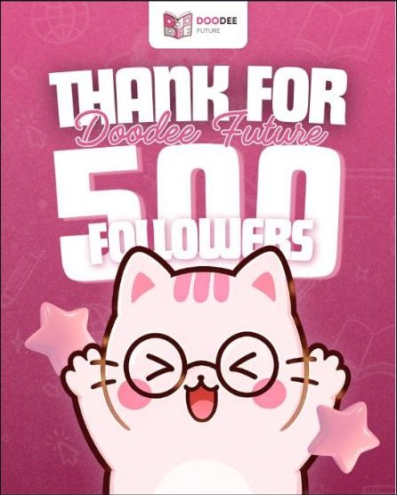 โพสต์ขอบคุณ 500 followers มีมาสคอตแมวใส่แว่นยิ้มดีใจ