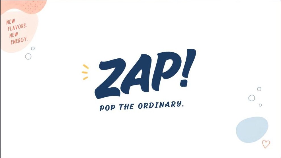 โลโก้ ZAP! ตัวอักษรเอียงสีกรมท่า พร้อมสโลแกน Pop the ordinary