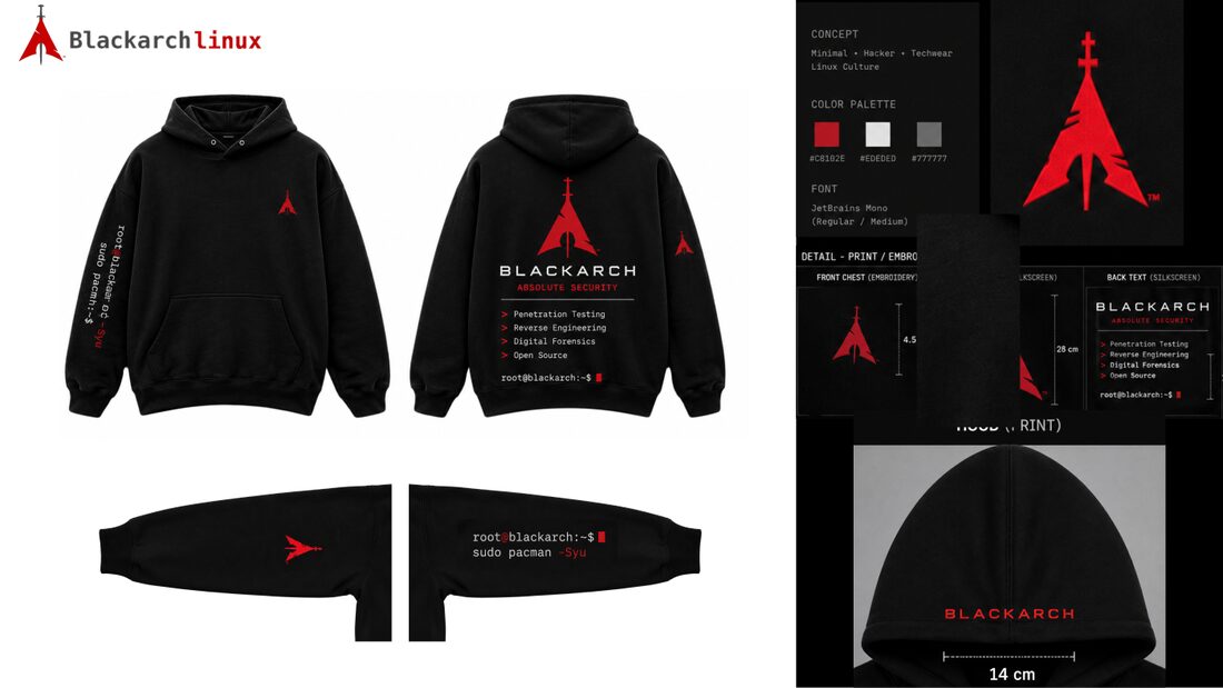 ภาพรวมฮู้ดดี้ Blackarch สีดำ ลายแดง ด้านหน้า หลัง แขน และฮู้ด