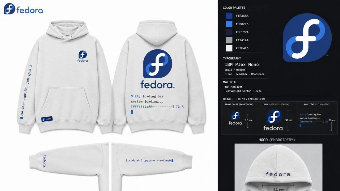 ภาพรวมฮู้ดดี้ Fedora สีขาว ลายน้ำเงิน