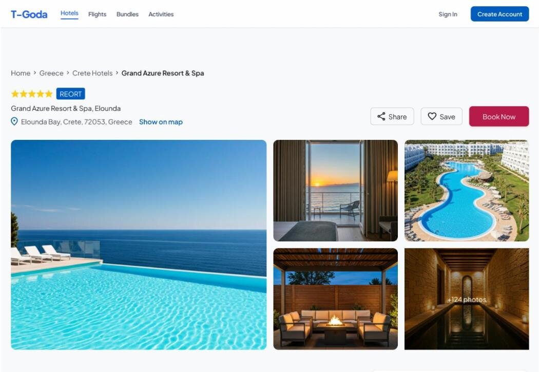 หน้ารายละเอียดที่พัก แกลเลอรีรูปห้าภาพ ปุ่ม Share Save Book Now