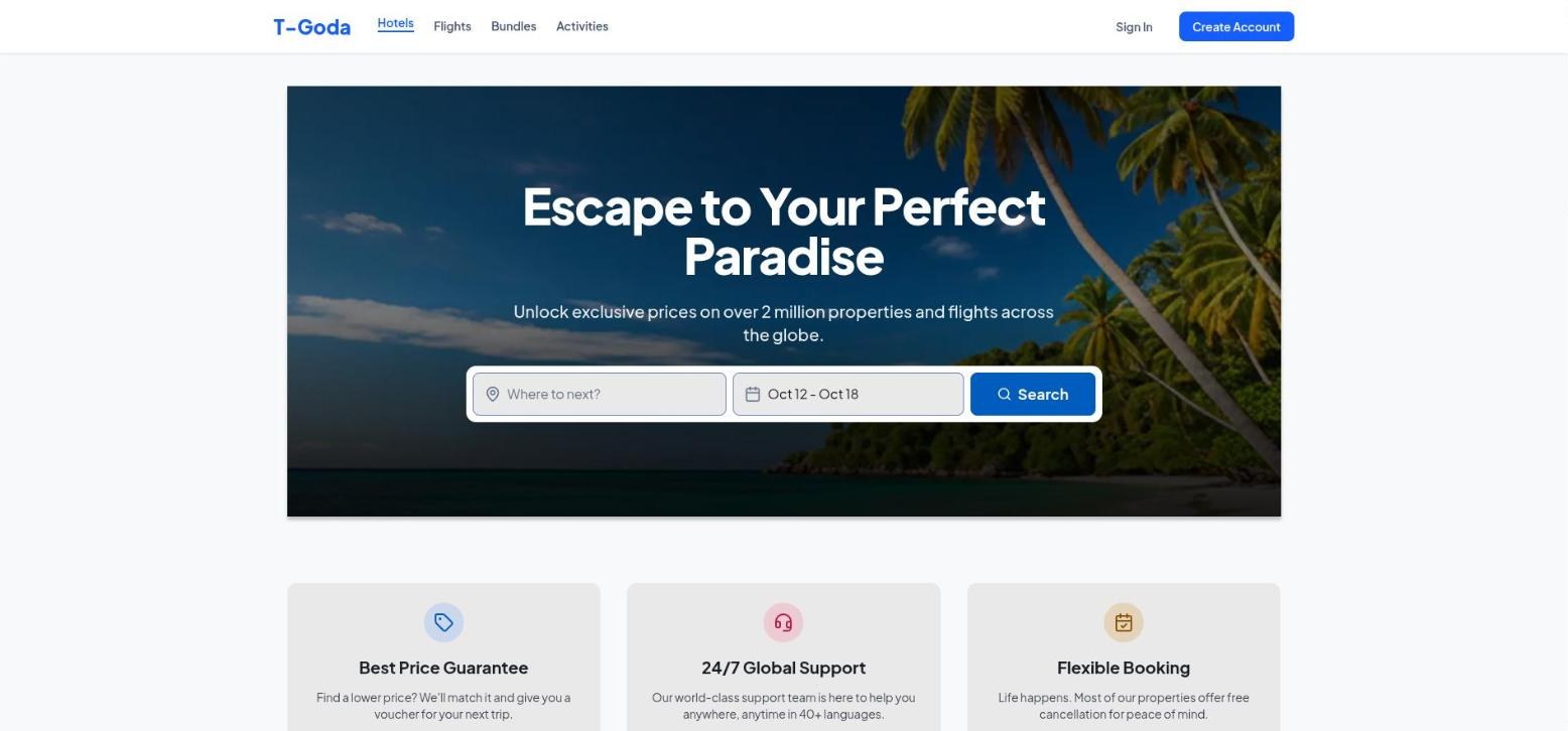 หน้าแรก T-Goda ภาพชายหาด หัวข้อ Escape to Your Perfect Paradise และกล่องค้นหาที่พัก
